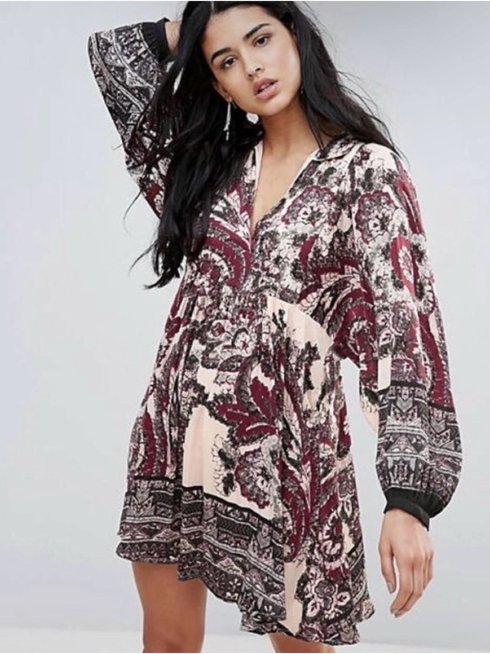 Free People Say You Love Me Mini Dress Medium Boho Paisley Fall Festival $149